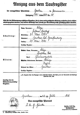Auszug aus dem Taufregister 1791 Johann Christoph Büge