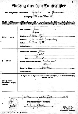 Auszug aus dem Taufregister Pape_1777