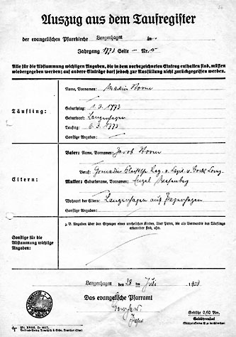 Auszug aus dem Taufregister 1773